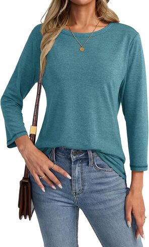 Womens 3/4 Length Sleeve Crew Neck Shirts Casual Tunic T-Shirts Basic Tee Trendy Fall Outfits Clothes in Kuwait