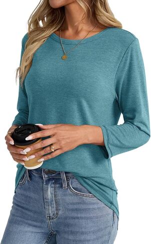 Womens 3/4 Length Sleeve Crew Neck Shirts Casual Tunic T-Shirts Basic Tee Trendy Fall Outfits Clothes in Kuwait
