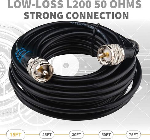 CB Coax Cable 15FT, Low Loss UHF Male Coax with PL259 Connectors, L200 Coaxial Cable (LMR200 Equivalent), Flexible & Durable - 50 Ohm, for CB Ham Radio Antenna HF/VHF in Saudi Arabia