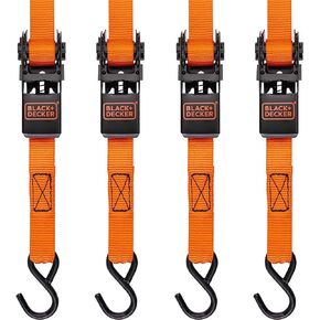 BLACK+DECKER BDX1006 Black/Orange 1" x 12' Ratchet Tie Down Straps with Padded Handles (1,500 lb Break Strength) for Securing Cargo, 4 Pack