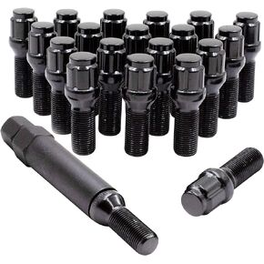 Wheel Accessories Parts Set of 20 Black 12x1.5 Lug Bolts Locking Spline Conical Seat with 24 mm Shank Length Small Diameter Lug Bolt with Dual Hex Key for Aftermarket Wheels