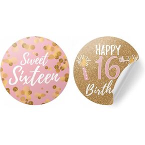 Pink and Gold Sweet 16 Birthday Party Stickers, Sweet Sixteen Party Favor Labels, Envelope Seals - 40 Count