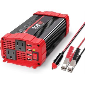 BYGD 300W Car Power Inverter, DC 12V to 110V AC Vehicle Plug Adapter Converter with 4 USB Quick Charging Ports and Dual AC Outlets Car Charger Equipped Cigarette Lighter Cable and Battery Clamps Red