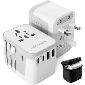 محول السفر العالمي، محول قابس الطاقة الدولي مع 4 منافذ USB-A و1 USB-C، شاحن حائط عالمي الكل في واحد للولايات المتحدة الأمريكية والاتحاد الأوروبي والمملكة المتحدة وأستراليا وأكثر من 150 دولة