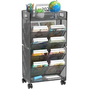 8 Tier Mobile Book Cart with Wheels: Rolling Bookshelf for Kids, Movable Bookshelf with Storage, Metal Bookcase for Living Room, Study, Library, Office