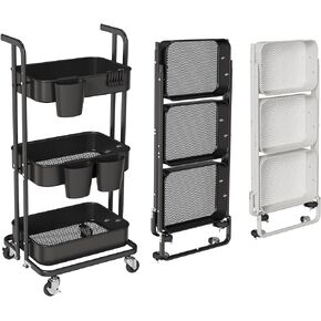 Merapi 3 Tier Metal Foldable Rolling Cart, Utility Cart with Wheels, Hanging Cups and Hooks, Folding Storage Cart for Living Room, Kitchen, Bathroom, Bedroom, Black