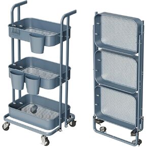 Merapi 3 Tier Metal Foldable Rolling Cart, Utility Cart with Wheels, Hanging Cups and Hooks, Folding Storage Cart for Living Room, Kitchen, Bathroom, Bedroom, Black