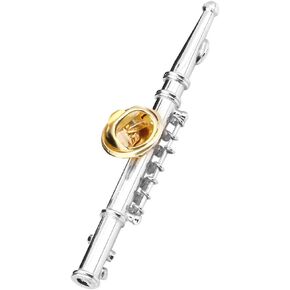 Flute Brooch Musical Instrument Brooch Mini Musical Instrument Shape Pin Gold silver Plating with Case Christmas Gift Birthday Present(Silver)