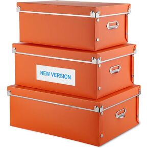 Upgraded Boxes Storage,HYUNLAI Photo Storage Boxes with lids and Handles Decorative,3 in 1 Set,Multiple Size(Small/Medium/Large)Plastic Box for Photos,Toys,Socks,Snacks,Document,Cosmetic, Etc.(Orange)