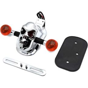 HTTMT- Chrome Amer Metal Skull Brake Tail Light Signal Compatible with Bobber Choppers Motorcycle Bike [P/N: XH3118B-B-01-CD+AMBER]