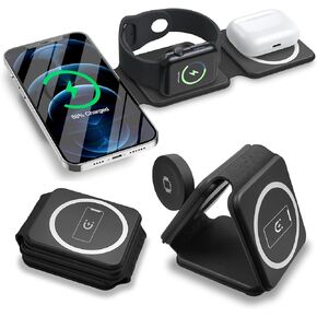 for Compact apple 3 in 1 charger, Magnetic Folding Travel Charger for Multiple Devices, for travel iphone charger 3 in one foldable for iPhone 15 14 13 12 Series & AirPods 3/2/Pro/ Pro2 & iWatch-Black