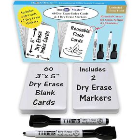 Imagine2Master 60 Blank Dry Erase Index Cards (3" X 5"). Comes with 2 Dry Erase Markers. DIY Flash Cards Great for Vocabulary, Game, Message, Notes. Glossy Laminated Finish 300 GSM Card Stock