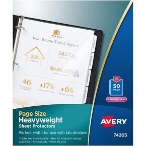 Avery Diamond Clear Page-Size Sheet Protectors, Pre-Punched for Use with Tab Dividers, Top Load, 50 Document Protectors (74203)