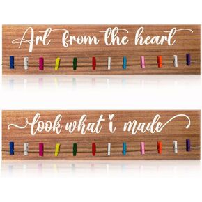 Set of 2 Kids Art Display-Look What I Made -Wooden Sign with Clips Children Artwork Display for Wall,Sturdy Board for Displaying Children's Work,Playroom Wall Decor,Bedroom Classroom Decor