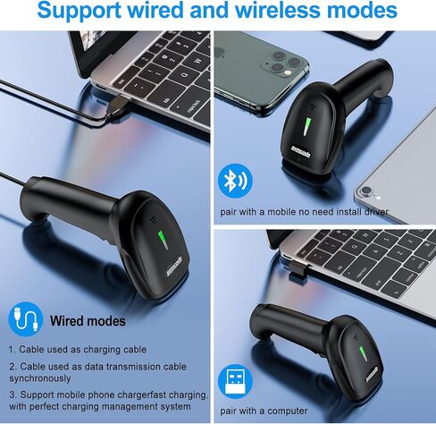 ماسح باركود لاسلكي Symcode 2D، بلوتوث 6.0 واتصال سلكي 2.4G وUSB سلكي، 1D QR قارئ رمز شريطي ماسح ضوئي تلقائي سريع ودقيق للهواتف الذكية والكمبيوتر اللوحي والكمبيوتر الشخصي in Kuwait