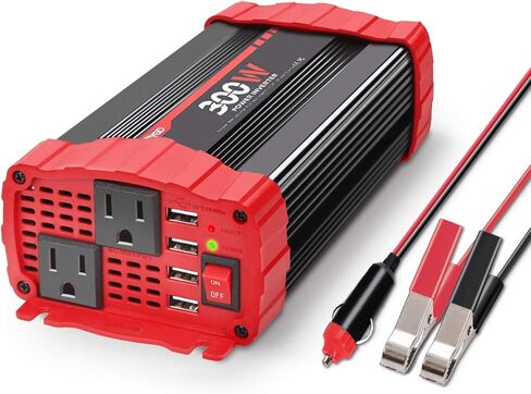 BYGD 300W Car Power Inverter, DC 12V to 110V AC Vehicle Plug Adapter Converter with 4 USB Quick Charging Ports and Dual AC Outlets Car Charger Equipped Cigarette Lighter Cable and Battery Clamps Red in Saudi Arabia