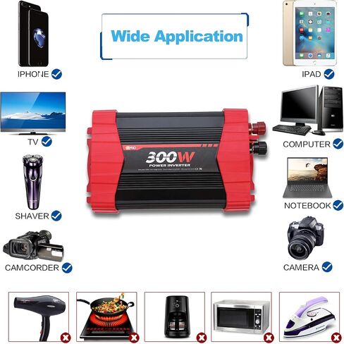 BYGD 300W Car Power Inverter, DC 12V to 110V AC Vehicle Plug Adapter Converter with 4 USB Quick Charging Ports and Dual AC Outlets Car Charger Equipped Cigarette Lighter Cable and Battery Clamps Red in Saudi Arabia