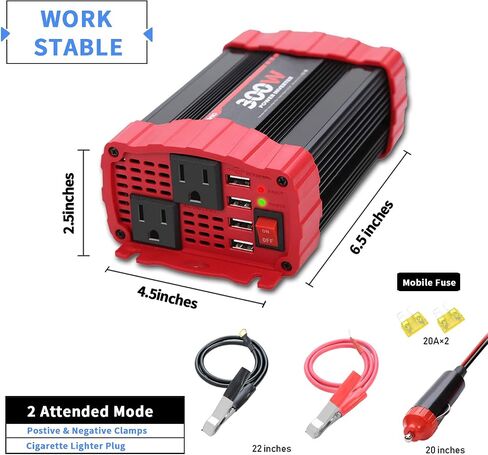 BYGD 300W Car Power Inverter, DC 12V to 110V AC Vehicle Plug Adapter Converter with 4 USB Quick Charging Ports and Dual AC Outlets Car Charger Equipped Cigarette Lighter Cable and Battery Clamps Red in Saudi Arabia