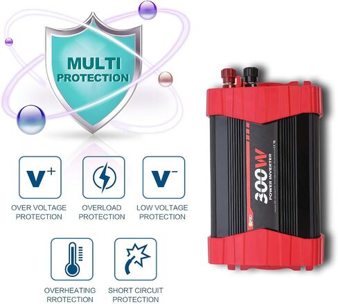 BYGD 300W Car Power Inverter, DC 12V to 110V AC Vehicle Plug Adapter Converter with 4 USB Quick Charging Ports and Dual AC Outlets Car Charger Equipped Cigarette Lighter Cable and Battery Clamps Red in Saudi Arabia