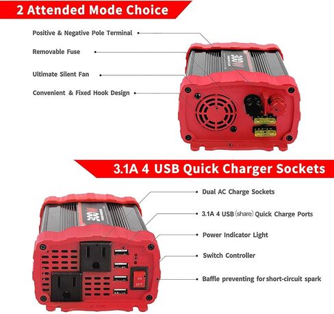 BYGD 300W Car Power Inverter, DC 12V to 110V AC Vehicle Plug Adapter Converter with 4 USB Quick Charging Ports and Dual AC Outlets Car Charger Equipped Cigarette Lighter Cable and Battery Clamps Red in Saudi Arabia