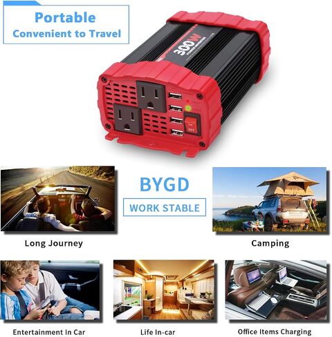 BYGD 300W Car Power Inverter, DC 12V to 110V AC Vehicle Plug Adapter Converter with 4 USB Quick Charging Ports and Dual AC Outlets Car Charger Equipped Cigarette Lighter Cable and Battery Clamps Red in Saudi Arabia