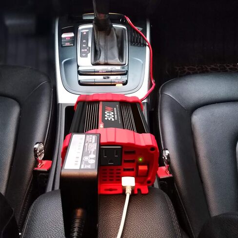 BYGD 300W Car Power Inverter, DC 12V to 110V AC Vehicle Plug Adapter Converter with 4 USB Quick Charging Ports and Dual AC Outlets Car Charger Equipped Cigarette Lighter Cable and Battery Clamps Red in Saudi Arabia