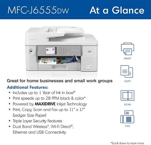 طابعة Brother MFC-J6555DW INKvestment Tank الملونة النافثة للحبر الكل في واحد مع ما يصل إلى عام واحد من الحبر الموجود في الصندوق 1 و11 بوصة × 17 بوصة وقدرات الطباعة والنسخ والمسح الضوئي والفاكس in Saudi Arabia