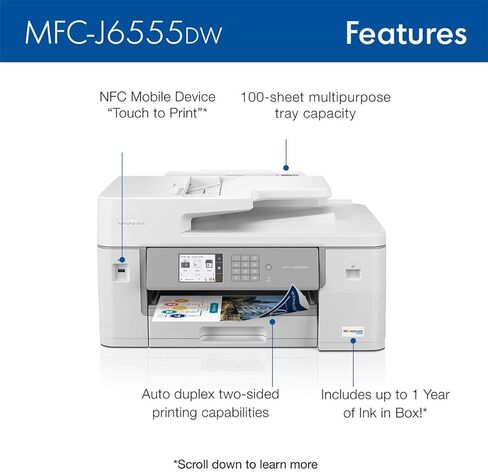 طابعة Brother MFC-J6555DW INKvestment Tank الملونة النافثة للحبر الكل في واحد مع ما يصل إلى عام واحد من الحبر الموجود في الصندوق 1 و11 بوصة × 17 بوصة وقدرات الطباعة والنسخ والمسح الضوئي والفاكس in Saudi Arabia