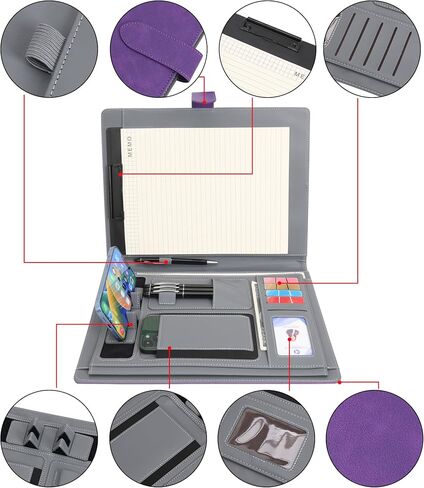 Wason Portfolio Padfolio A4 Leather PU Folder File Document Holder Case with Writing Pad Removable Clipboard Card Stationary Case Phone Tablet Stand for Organizer Office Travel School (Purple) in Saudi Arabia