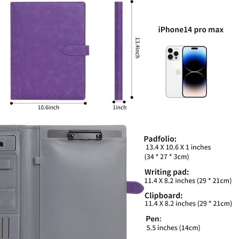 Wason Portfolio Padfolio A4 Leather PU Folder File Document Holder Case with Writing Pad Removable Clipboard Card Stationary Case Phone Tablet Stand for Organizer Office Travel School (Purple) in Saudi Arabia