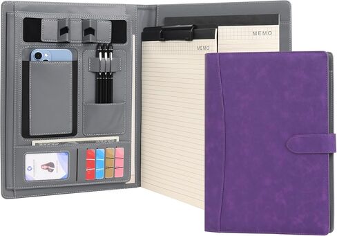 Wason Portfolio Padfolio A4 Leather PU Folder File Document Holder Case with Writing Pad Removable Clipboard Card Stationary Case Phone Tablet Stand for Organizer Office Travel School (Purple) in Saudi Arabia