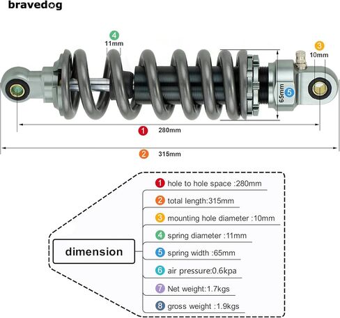 Rear Suspension Shock 280mm Rear Shock Damper Suspension Spring Compatible with Dirt Pit Bike ATV Rear Shock Absorber Spring (Black+Silver) in Kuwait