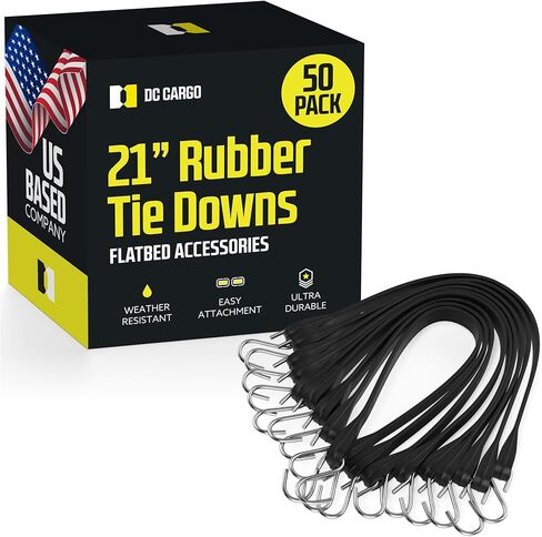 Pack of 50 Tarp Straps for Flatbed Trailers, 21" Long Natural Rubber Bungee Cord Tie-Downs Ideal for Securing Tarps, Canvases, Cargo in Cold Climates | Tie-Downs w/ Metal S-Hooks in Kuwait