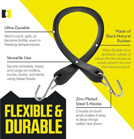 Pack of 50 Tarp Straps for Flatbed Trailers, 21" Long Natural Rubber Bungee Cord Tie-Downs Ideal for Securing Tarps, Canvases, Cargo in Cold Climates | Tie-Downs w/ Metal S-Hooks in Kuwait
