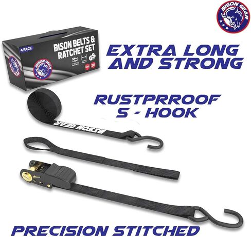 أشرطة ربط السقاطة بطول 20 قدمًا، 4 عبوات من Bison Gear® مقاومة للأشعة فوق البنفسجية بوزن 2200 رطل، أشرطة شحن شديدة التحمل مع مقابض مطاطية مريحة وخطافات عميقة S - معتمدة بمعايير السلامة (أسود) in Kuwait