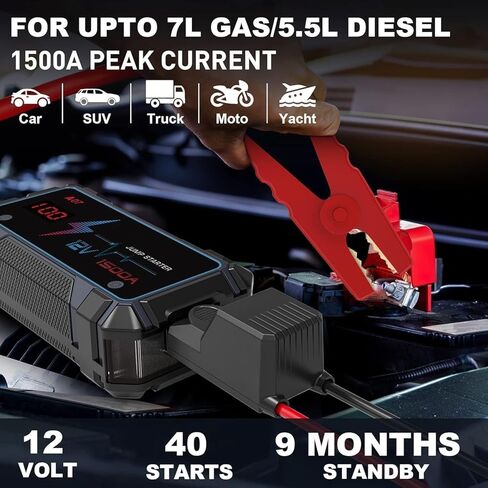 مجموعة كابلات وصلة تيار الذروة لبطارية السيارة بقدرة 1500 أمبير للسيارة مع شحن USB سريع و400 لومن LED، حزمة بطارية بدء التشغيل (حتى 12 فولت 7 لتر محرك ديزل/5.5 لتر) in Kuwait