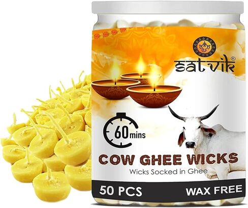SATVIK 50 Pc Pure Cow Ghee Wicks for Pooja 60 Min Burning Time Home Mandir Nitya Pujan Readymade Ghee Jyot Ghee Diya Indian Housewarming Return Gift Items Puja Accessories Diwali Diya Cotton Wicks in Saudi Arabia