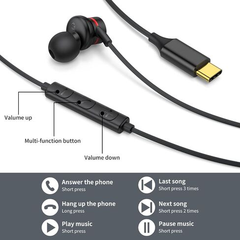 سماعات رأس USB C، سماعات أذن USB من النوع C سماعات أذن سلكية بخاصية إلغاء الضوضاء المغناطيسية مع ميكروفون لهاتف iPhone 15 Pro Max Plus، iPad Pro، Samsung Galaxy S23 S22 S21 S20، Note 10 20، Pixel 5 4 3XL in Saudi Arabia