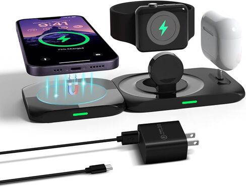 محطة شحن مغناطيسية لاسلكية CIVPOWER 4 في 1، شاحن Mag-Safe متوافق مع iPhone 15/14/13/12/11، لوحة شحن سريعة متوافقة مع Apple Watch Ultra/8/7/SE2/Airpods 1 2/ Pro1 2(QC 3.0) مشترك كهربائي) in Kuwait