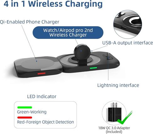 محطة شحن مغناطيسية لاسلكية CIVPOWER 4 في 1، شاحن Mag-Safe متوافق مع iPhone 15/14/13/12/11، لوحة شحن سريعة متوافقة مع Apple Watch Ultra/8/7/SE2/Airpods 1 2/ Pro1 2(QC 3.0) مشترك كهربائي) in Kuwait