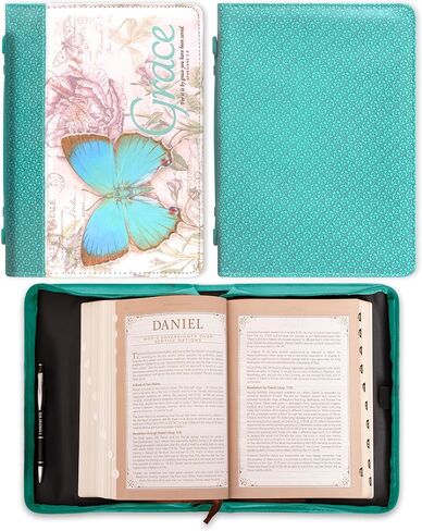 Christian Art Gifts Women's Fashion Bible Cover Grace Butterfly Ephesians 2:8, Teal Floral Faux Leather, Large in Saudi Arabia