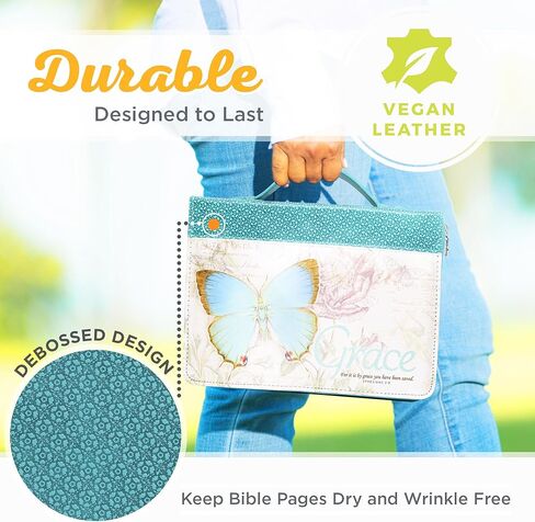 Christian Art Gifts Women's Fashion Bible Cover Grace Butterfly Ephesians 2:8, Teal Floral Faux Leather, Large in Saudi Arabia