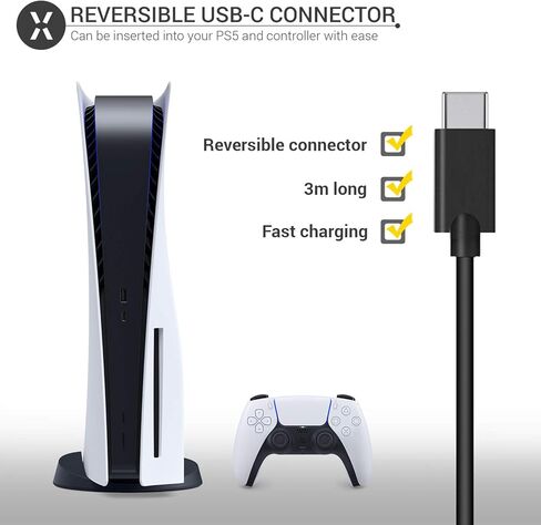 كابل تحكم طويل للغاية من Olixar لوحدة تحكم Sony Playstation 5 DualSense (كابل شحن USB إلى USB-C بطول 3 متر لوحدات تحكم PS5) in Kuwait