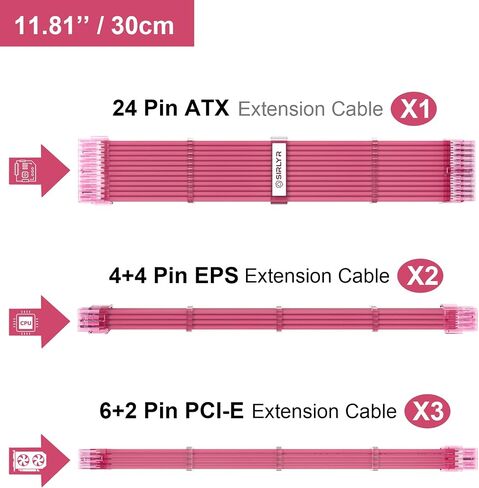 Sirlyr Bright White PSU Extension Cable Kit,Custom Sleeved Power Supply Cable Mod for PC Build 16AWG 24Pin ATX /8 (4+4) Pin EPS CPU /8 (6+2) Pin PCI-E GPU PSU Cables 4PCS with Cable Comes 11.8In in Kuwait