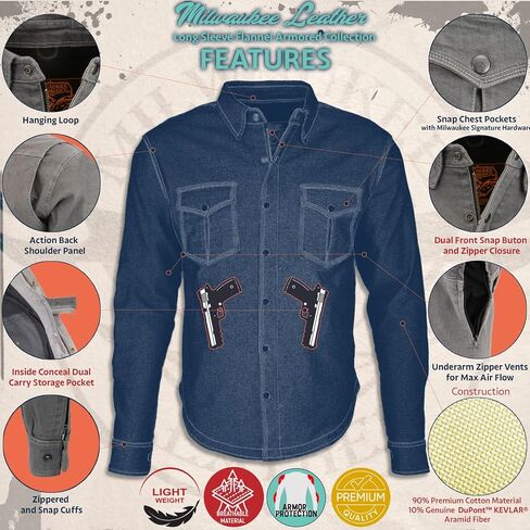 Milwaukee Leather MPM1645 Men's Plaid Flannel Biker Shirt with CE Approved Armor - Reinforced w/Aramid Fiber - X-Large Blue in Saudi Arabia