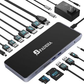 USB C Universal Docking Station for 3 Monitors, Power Adapter Attached - 14 in 1 Hub with HDMI*2, DisplayPort 4K60Hz, 10Gbps USB C/A, 1Gbps Ethernet, SD/TF, Audio&Mic, for MacBook/Dell/HP.etc