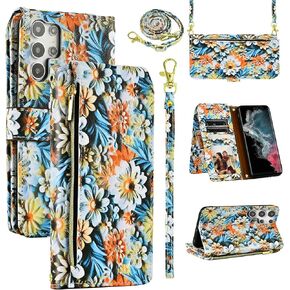 Wallet Case for Samsung Galaxy S23 Ultra 5G with Wrist Strap Shoulder Strap, 9+ Card Slots Zipper Floral Leather Stand Cell Phone Cover for S23Ultra 23S S 23 23Ultra 6.8 inch Women Men Pink