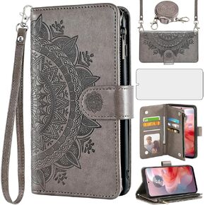 Asuwish Phone Case for Motorola Moto G Power 5G 2024 Wallet Cell Cover with Screen Protector Lanyard Wrist Strap Mandala Flower Flip Zipper Card Holder Slot Stand G5 Women Girls Blue