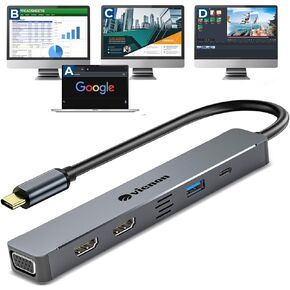 USB C Hub HDMI VGA Adapter for Triple Monitor, VIENON 5-in-1 Laptop Docking Station with Dual 4K HDMI+1080P VGA+USB 3.0+PD 100W Comaptible for MacBook Pro, XPS More