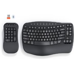 MEETION Ergonomic Wireless Keyboard with Separate Numeric Keypad, Wave Flexible 2-in-1 Setup for Multi-Device, 2.4G/Bluetooth Split Design with Wrist Rest for Accountants/Data Entry/Left-Handed User